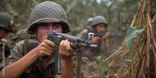 Allied soldiers on battlefield in Vietnam war - historical combat photography