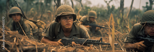 Allied soldiers on battlefield in Vietnam war - historical combat photography photo
