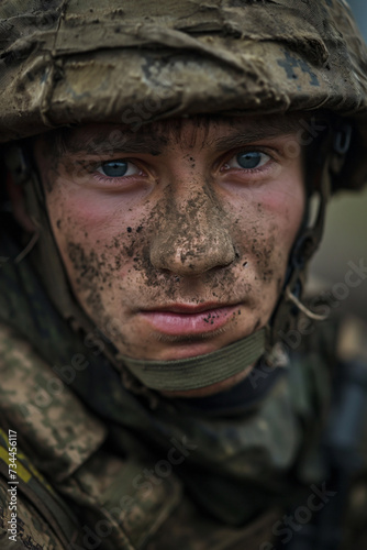 portrait of Ukrainian soldier on battlefield - modern combat photography