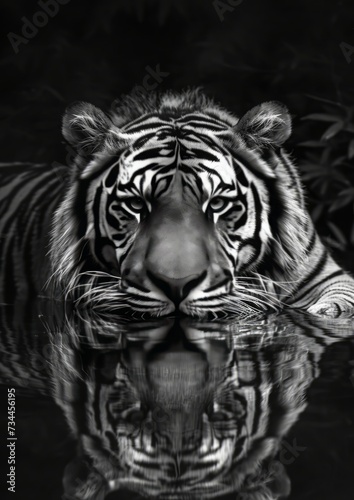 Monochrome Majesty - A Tiger at Rest in Water, Captured in Luminous Black and White Reflections