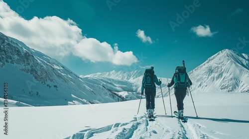 Colorful Winter Adventure - Friends Skiing Near Mountains, Captured in the Playful © Elzerl