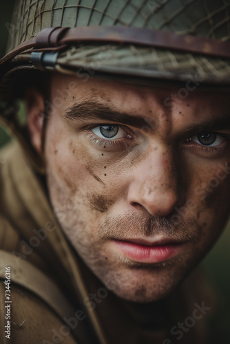 portrait of Allied soldier on world war 2 battlefield - historical combat photography