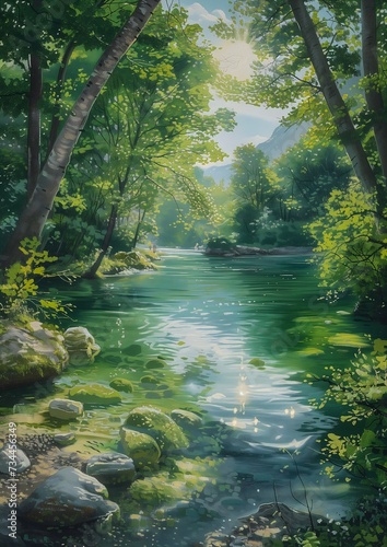 river forest rocks trees green liquid lake sunny day top rated young scroll paradise