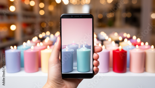 Hand holding candle, flame illuminates celebration, glowing symbol of love generated by AI