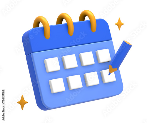 3D rendering of blue yellow calendar schedule date and time with pencil side for UI UX web mobile apps social media ads design