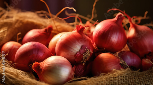 close up of fresh onion with beautiful colors. Farm crops of fresh and organic fruits and vegetables. Healthy food for a healthy life