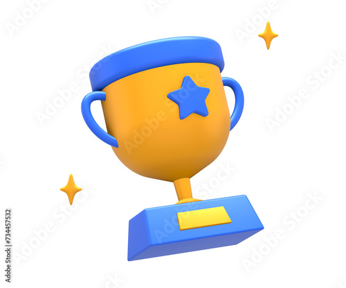 3D rendering of blue yellow champion winner trophy cup side for UI UX web mobile apps social media ads design