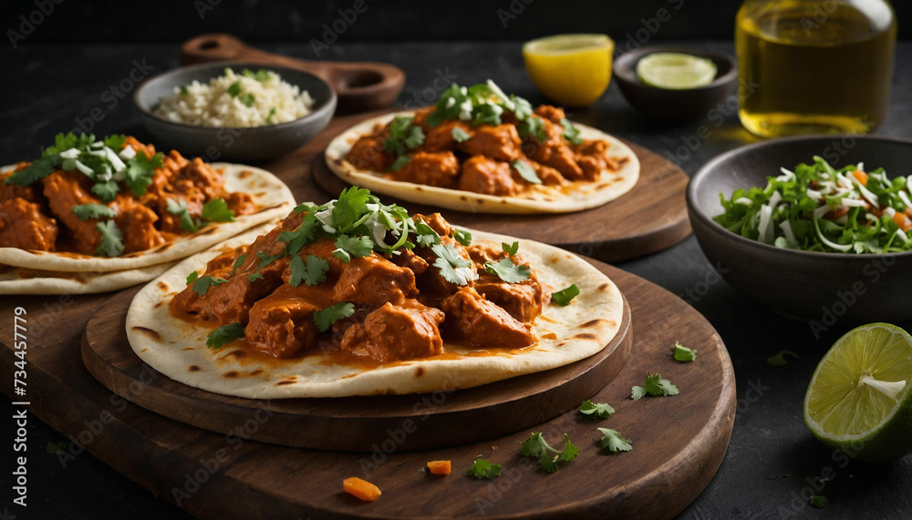 A modern twist on traditional butter chicken by capturing a fusion dish like butter chicken pizza or butter chicken tacos and showcase the innovative combination of flavors and textures that redefine A modern twist on traditional butter chicken by capturing a fusion dish like butter chicken pizza or butter chicken tacos and showcase the innovative combination of flavors and textures that redefine