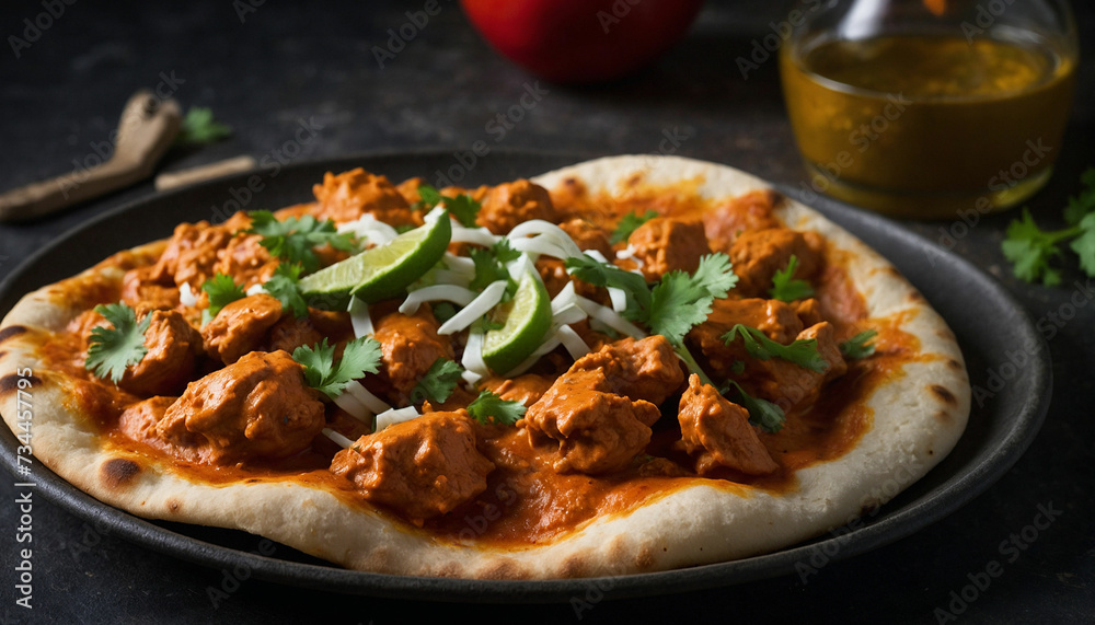 A modern twist on traditional butter chicken by capturing a fusion dish like butter chicken pizza or butter chicken tacos and showcase the innovative combination of flavors and textures that redefine 