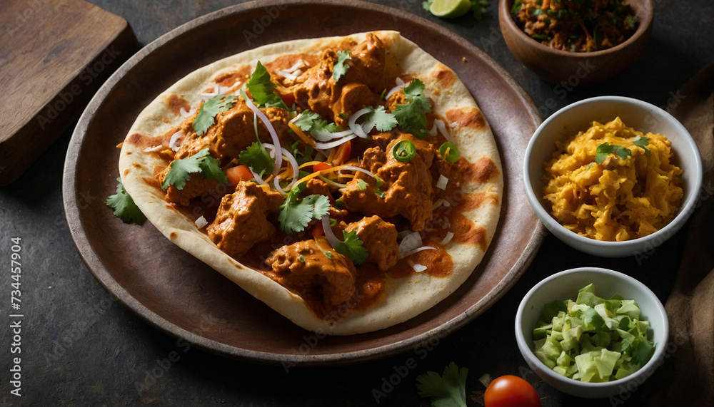A modern twist on traditional butter chicken by capturing a fusion dish like butter chicken pizza or butter chicken tacos and showcase the innovative combination of flavors and textures that redefine 