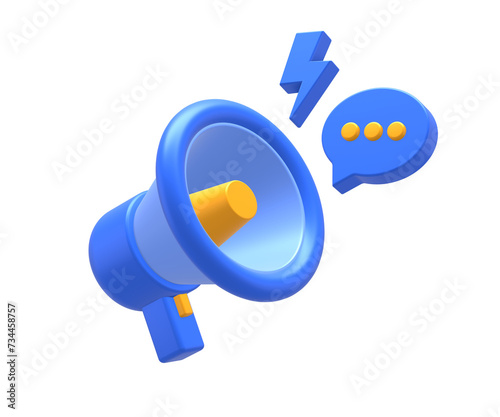 3D rendering of blue yellow loudspeaker with chat bubble for UI UX web mobile apps social media ads design
