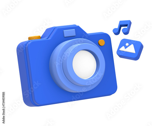 3D rendering of blue yellow multimedia content creation with digital camera photo and music note for UI UX web mobile apps social media ads design