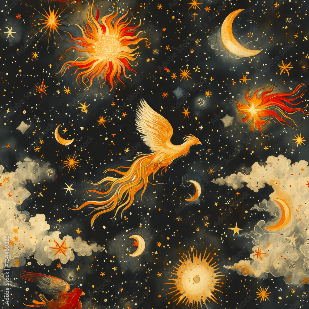phoenix in the starry sky seamless tile, ai generated