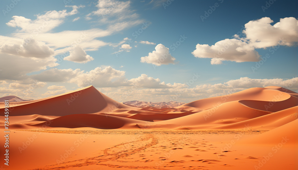 Arid Africa  Majestic sand dunes ripple under orange sunset sky generated by AI