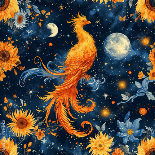 phoenix in the starry sky seamless tile  ai generated