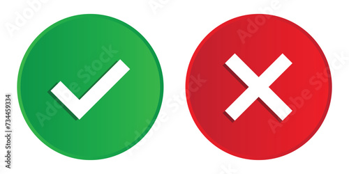 green and red tick and cross button, 3d vector symbol on transparent background. photo