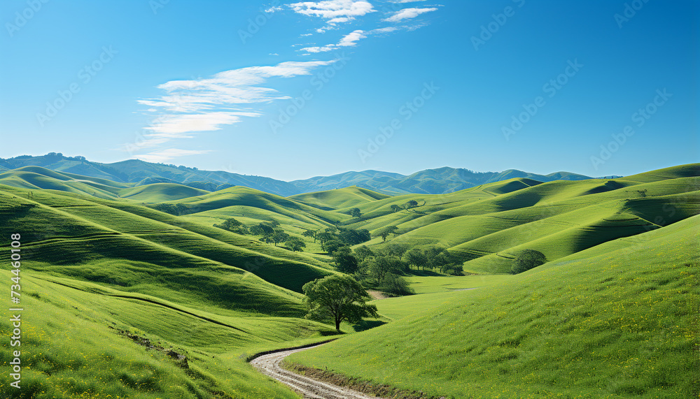 Obraz premium Idyllic meadow, rolling landscape, green grass, tranquil scene, blue sky generated by AI