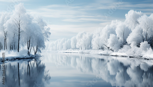 Winter landscape snow covered tree reflects in tranquil frozen pond generated by AI