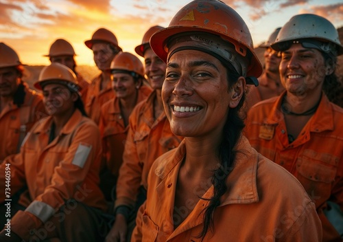 Photorealistic ai artwork of a group of smiling women from diverse backgrounds and cultures working in a mining environment. Genartive ai.