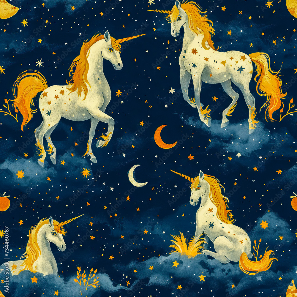 unicorn in the starry sky seamless tile, ai generated