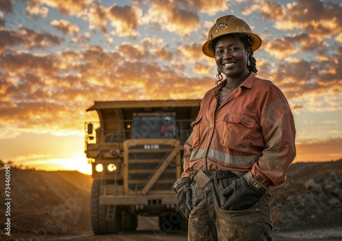 Photorealistic AI artwork of a woman smiling in a mine or mining site environment. Generative ai.