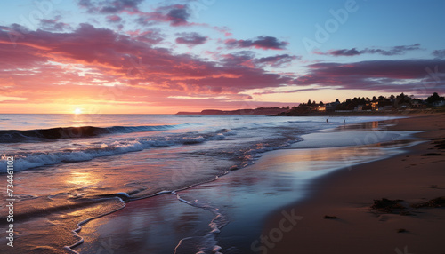 Sunset over the tranquil coastline, waves reflecting the beauty of nature generated by AI