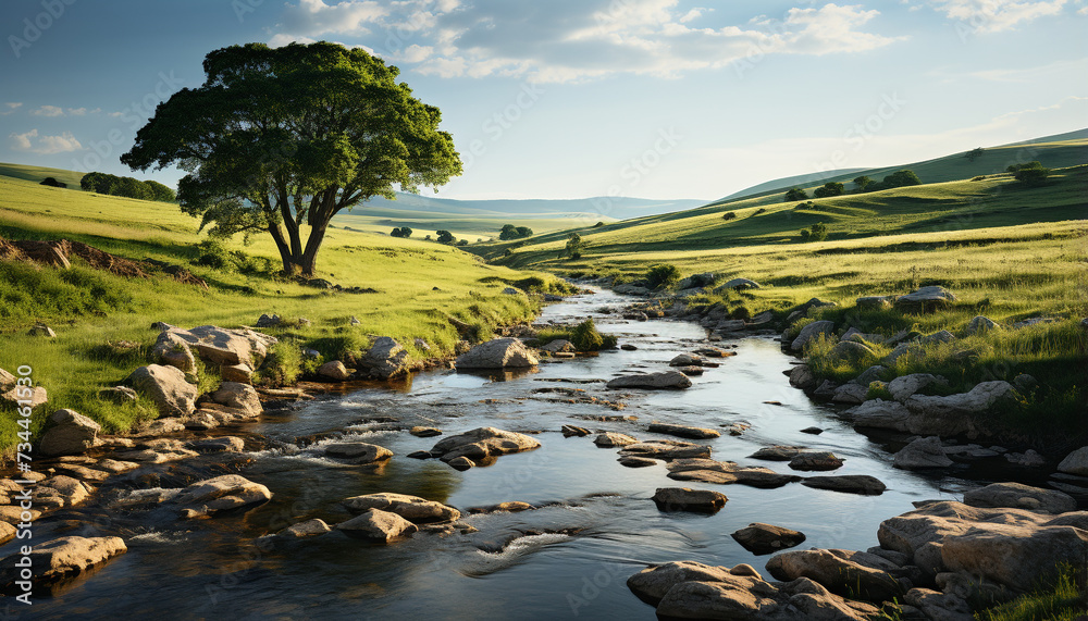 Tranquil meadow, green forest, flowing water, sunset over mountains generated by AI