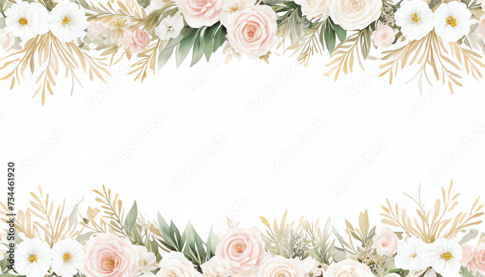 Beautiful flowers and leaf border frame card template. Golden gradient on white background Beautiful flowers and leaf border frame card template. Golden gradient on white background