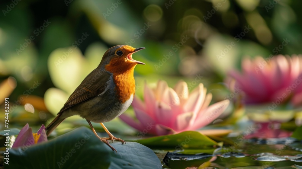 A robin sings happily in an English garden. Beautiful lighting with beautiful water lilies.