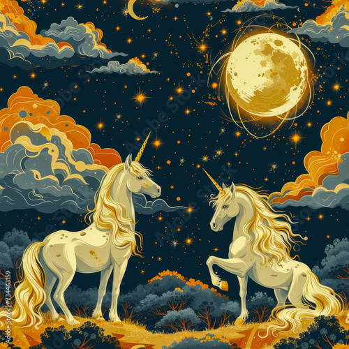 unicorn in the starry sky seamless tile, ai generated