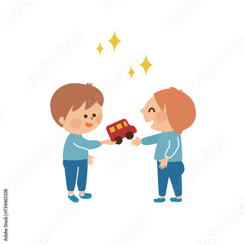 おもちゃの貸し借りをする子供達　かわいいイラスト素材