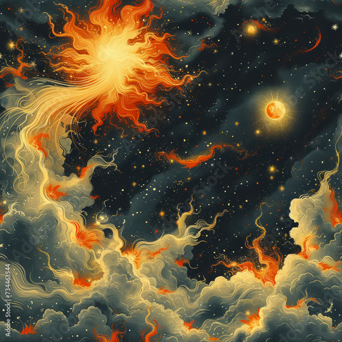 phoenix in the starry sky seamless tile, ai generated
