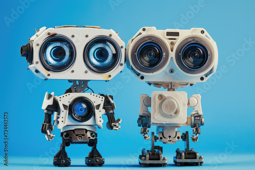 Cute cartoon robots with big eyes isolated on blue background