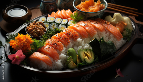 Fresh seafood meal sushi, sashimi, rice, fish, avocado, ginger generated by AI