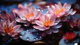 Vibrant pink lotus blossom reflects in tranquil pond water generated by AI