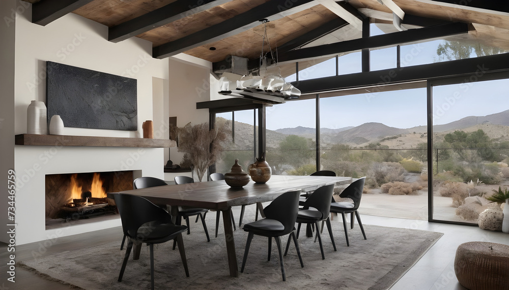 Fototapeta premium elegant modern dining room with view from large glass windows, desert