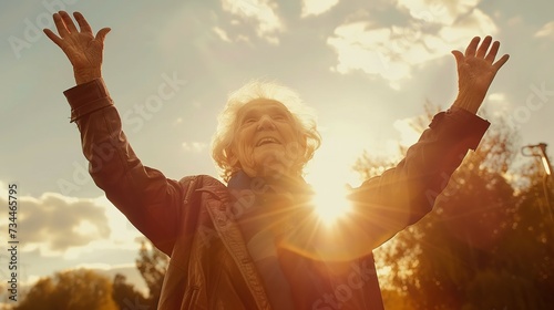 Waist up shot of happy elderly woman with hands in the air