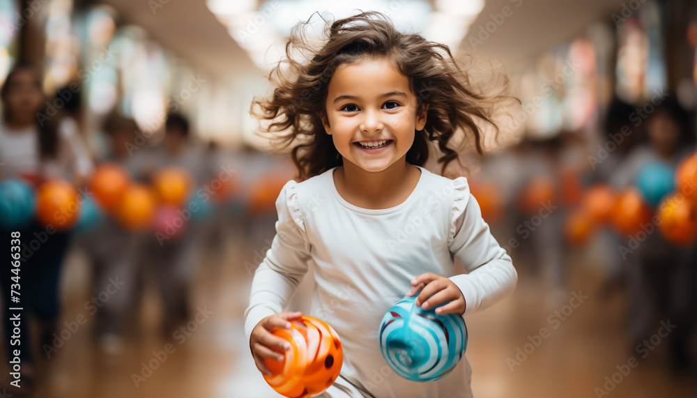 Fototapeta premium Smiling child playing, cheerful and cute, indoors with joyful fun generated by AI