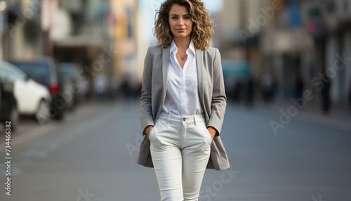 Young adult businesswoman walking confidently in the city, looking at camera generated by AI