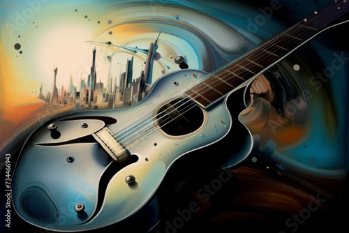 Gitara akustyczna abstrakcyjny kolorowy akrylowy malowany obraz generative ai,
