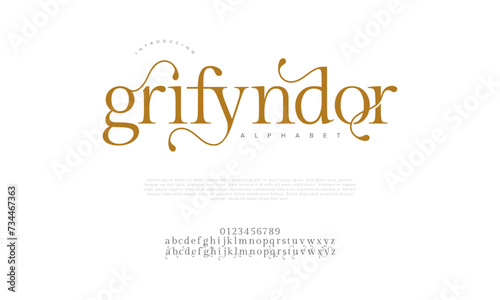 Grifyndor premium luxury elegant alphabet letters and numbers. Elegant wedding typography classic serif font decorative vintage retro. Creative vector illustration