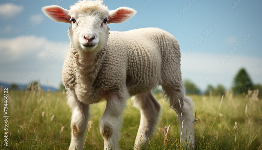 Fototapeta premium Cute lamb grazing in green meadow, looking at camera generated by AI