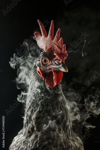 Studio Portrait of a Chicken - A Unique Burned Effect with Smoke on the Side, Capturing the Essence of Fire and Grill in Food Photography