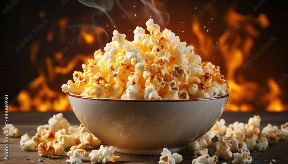Watching a movie, snacking on fresh sweetcorn in a bowl generated by AI Watching a movie, snacking on fresh sweetcorn in a bowl generated by AI