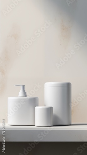 Several white cosmetic tubes on a concrete background  light refraction on the wall  selective focus  light background  minimalist design.