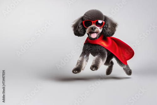 Banner with cute poodle in a red cloak and red sunglasses, at gray background. Superhero concept.