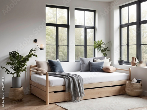 Explore the charm of a Scandinavian inspired daybed setup by the window, combining minimalist design and natural light.