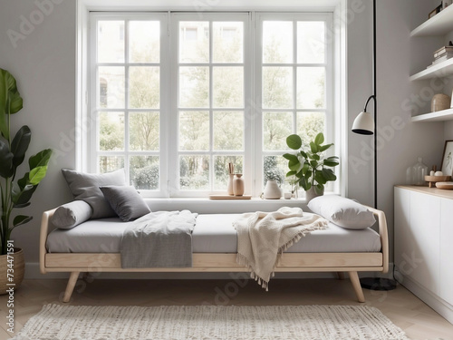 Explore the charm of a Scandinavian inspired daybed setup by the window, combining minimalist design and natural light. © BNMK0819