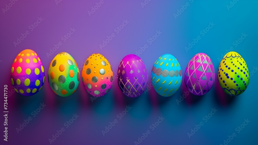 Vibrant neon hues and intricate designs adorn a row of Easter eggs, evoking a sense of joy and tradition in the art of egg decorating. Easter celebration concept. Vibrant neon hues and intricate designs adorn a row of Easter eggs, evoking a sense of joy and tradition in the art of egg decorating. Easter celebration concept.