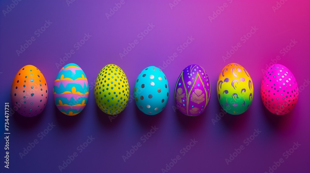 Vibrant neon hues and intricate designs adorn a row of Easter eggs, evoking a sense of joy and tradition in the art of egg decorating. Easter celebration concept. Vibrant neon hues and intricate designs adorn a row of Easter eggs, evoking a sense of joy and tradition in the art of egg decorating. Easter celebration concept.